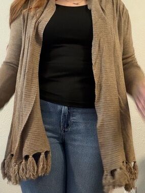 Women’s Open-Front Fringe Hem Cardigan Sweater - Tan
